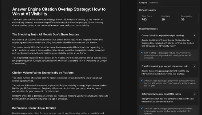 AI content optimization dashboard with writing suggestions to improve SEO and AI search visibility