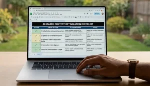 SEO specialist using an AI search content optimization checklist before publishing an article