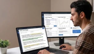 Marketer using AI search optimization tools to improve AI search visibility and content performance