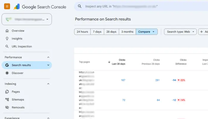 Google Search Console comparing declining keyword rankings to identify pages for SEO optimization