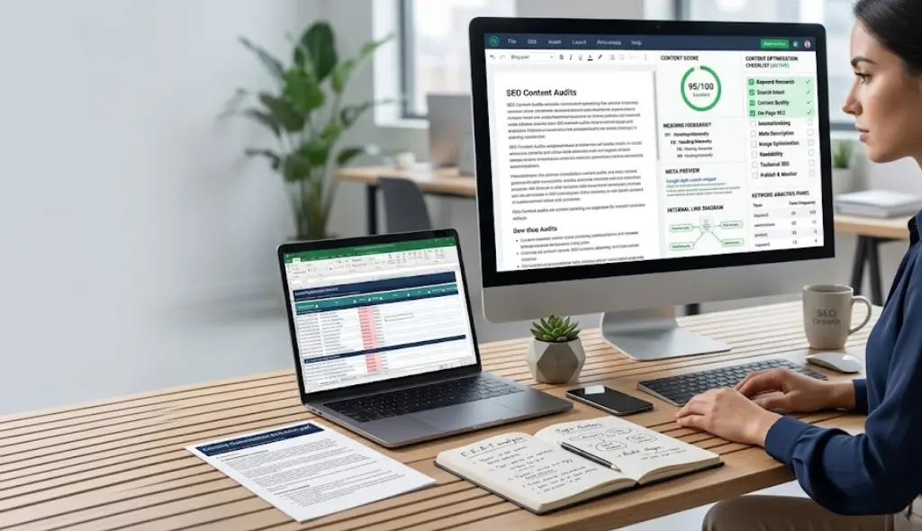 SEO specialist using a content optimization checklist with free Excel and PDF templates