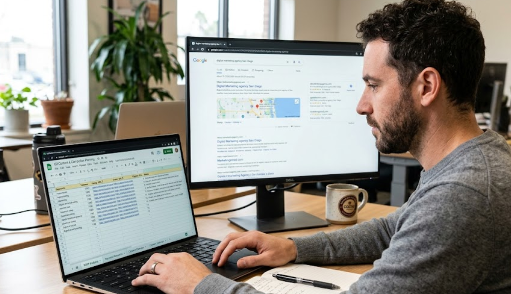 SEO specialist building a content optimization strategy using keyword research and content gap analysis.