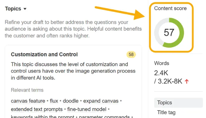 AI content optimization tool showing content score, topic coverage, and SEO improvement recommendations