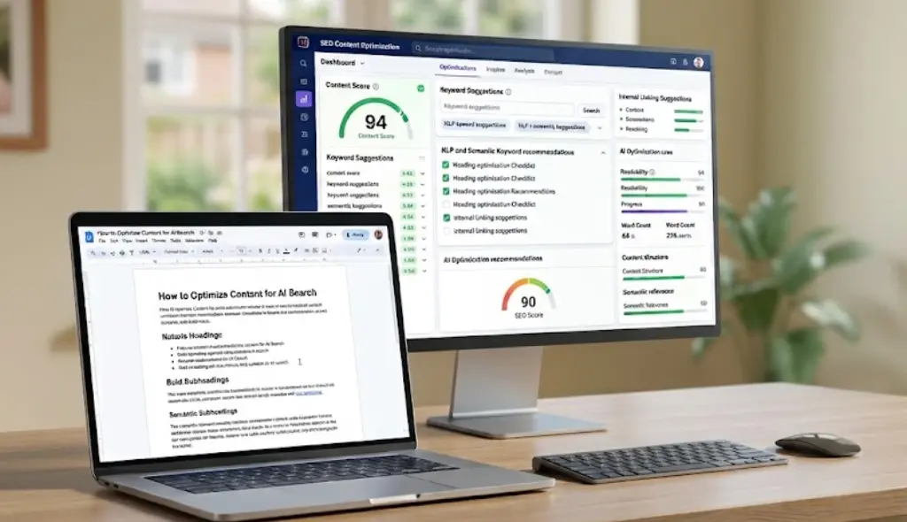 Content optimization workflow for improving AI search rankings using SEO, entities, and structured content.