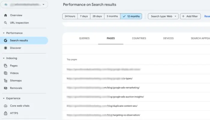Google Search Console showing pages that need content optimization based on search performance