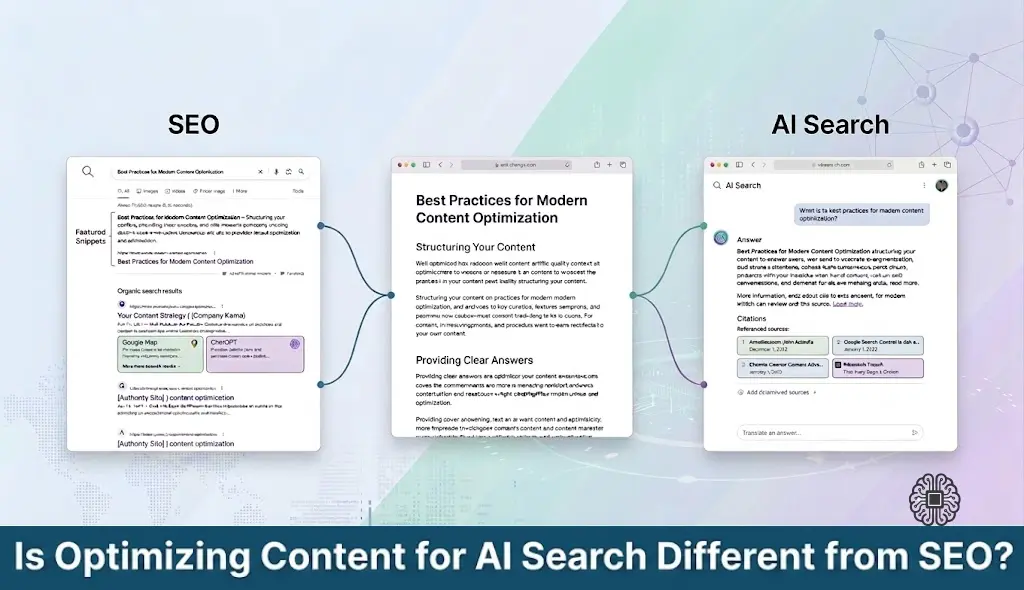 Comparison of optimizing content for AI search and traditional SEO to improve online visibility and rankings.