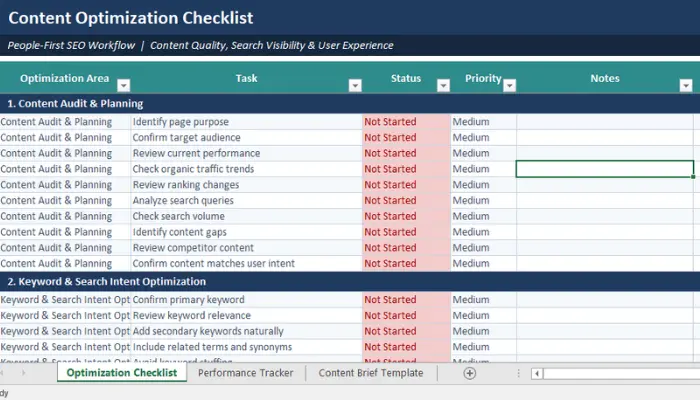 Content optimization checklist in Excel with SEO tasks, priorities, and optimization workflow