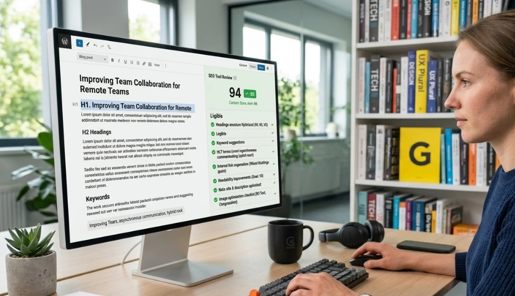 Person optimizing website content with an AI SEO tool to improve rankings and readability.