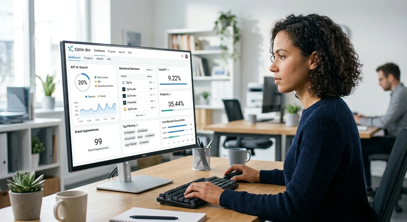ZipTie AI search analytics dashboard tracking AI visibility across ChatGPT, Google AI Overviews, and Perplexity
