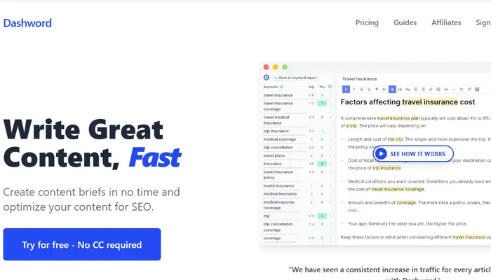 Dashword SEO content editor for creating optimized content briefs and articles