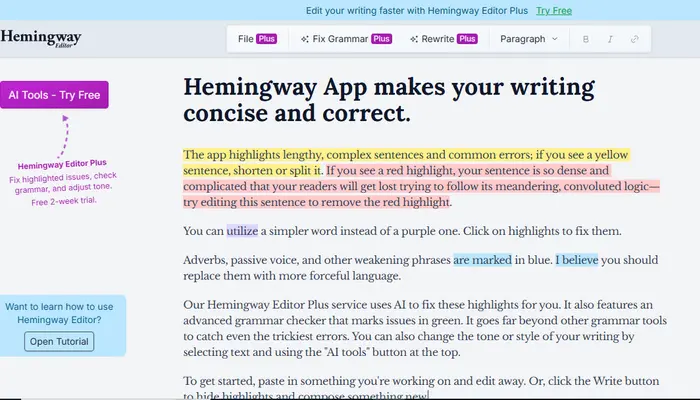 Hemingway Editor for improving content readability and writing clarity for SEO
