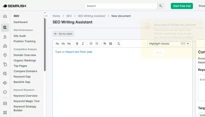 Semrush SEO Writing Assistant for optimizing content quality and on page SEO