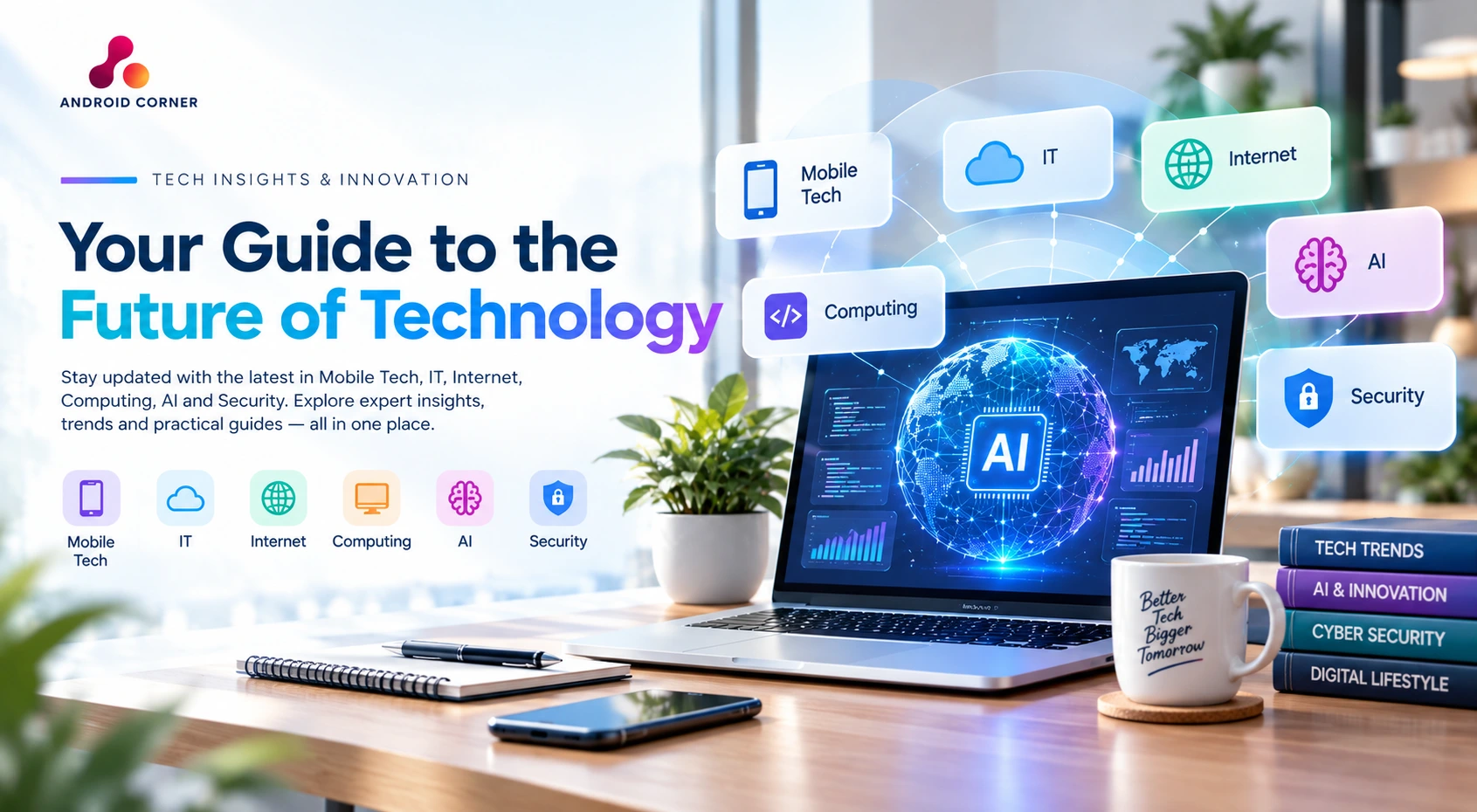 Android Corner technology banner covering mobile tech, IT, internet, computing, AI, and security.