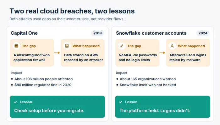 Comparison of the Capital One 2019 and Snowflake 2024 cloud security breaches, showing each gap, impact and lesson