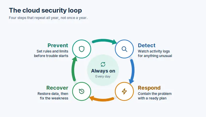 Cycle diagram of the cloud security loop: prevent, detect, respond and recover, repeating continuously